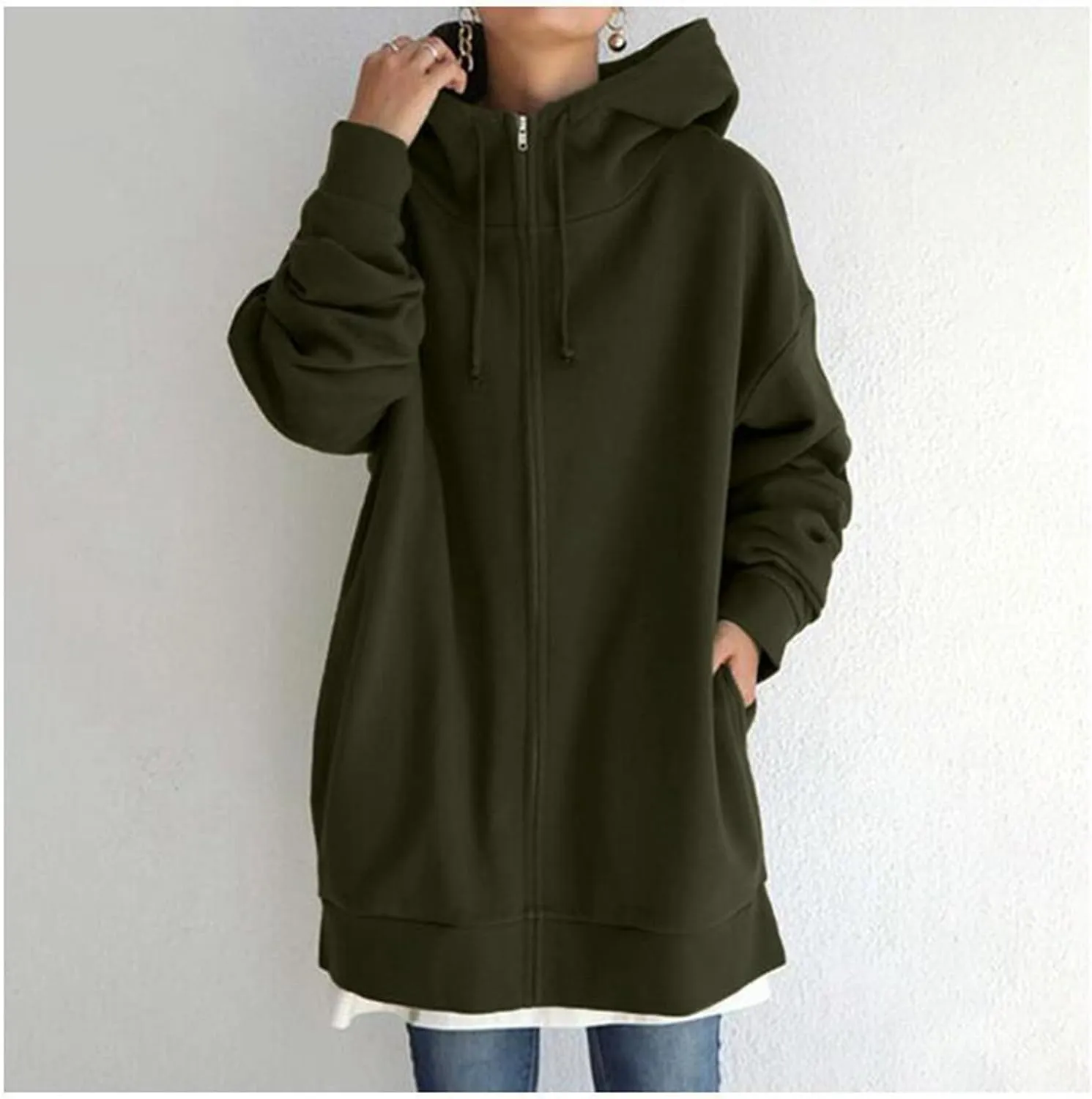 Women's Solid Color Zippered Hooded Longline Fleece Lined Streetwear Pullover Jacket Long Zipper Sweater