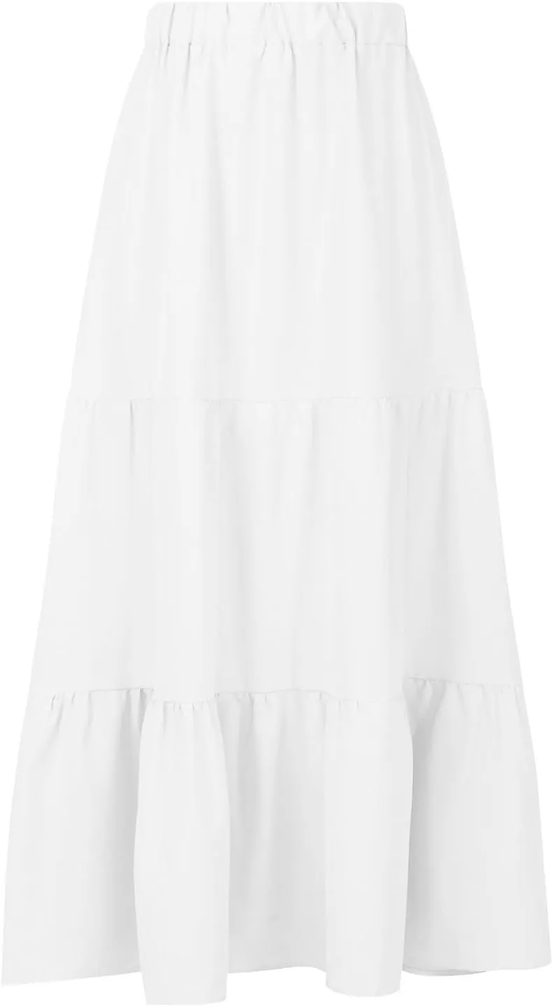 Women's Solid Ruched Maxi Skirt Comfy Elastic High Waist Lounge Skirts Fashion Flowy Swing Skirt with 2 Pokets