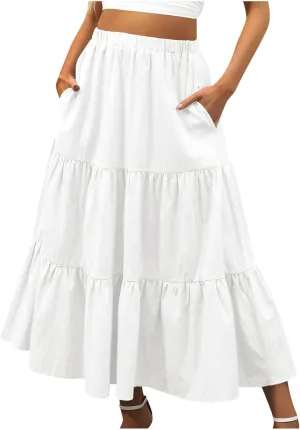 Women's Solid Ruched Maxi Skirt Comfy Elastic High Waist Lounge Skirts Fashion Flowy Swing Skirt with 2 Pokets