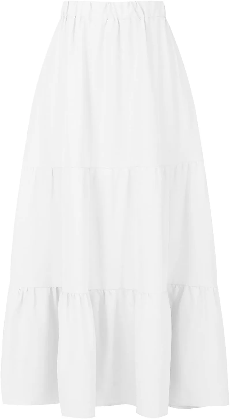 Women's Solid Ruched Maxi Skirt Comfy Elastic High Waist Lounge Skirts Fashion Flowy Swing Skirt with 2 Pokets