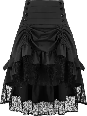 Women's Steampunk Skirt Retro Gothic Pleated Asymmetric High Low Lace Ruffle Skirt