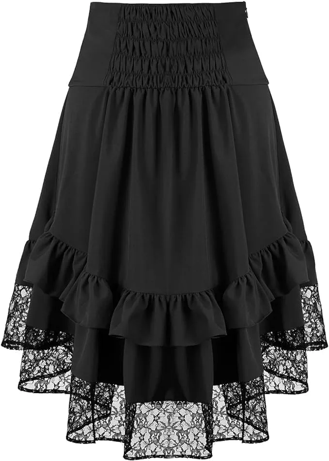 Women's Steampunk Skirt Retro Gothic Pleated Asymmetric High Low Lace Ruffle Skirt
