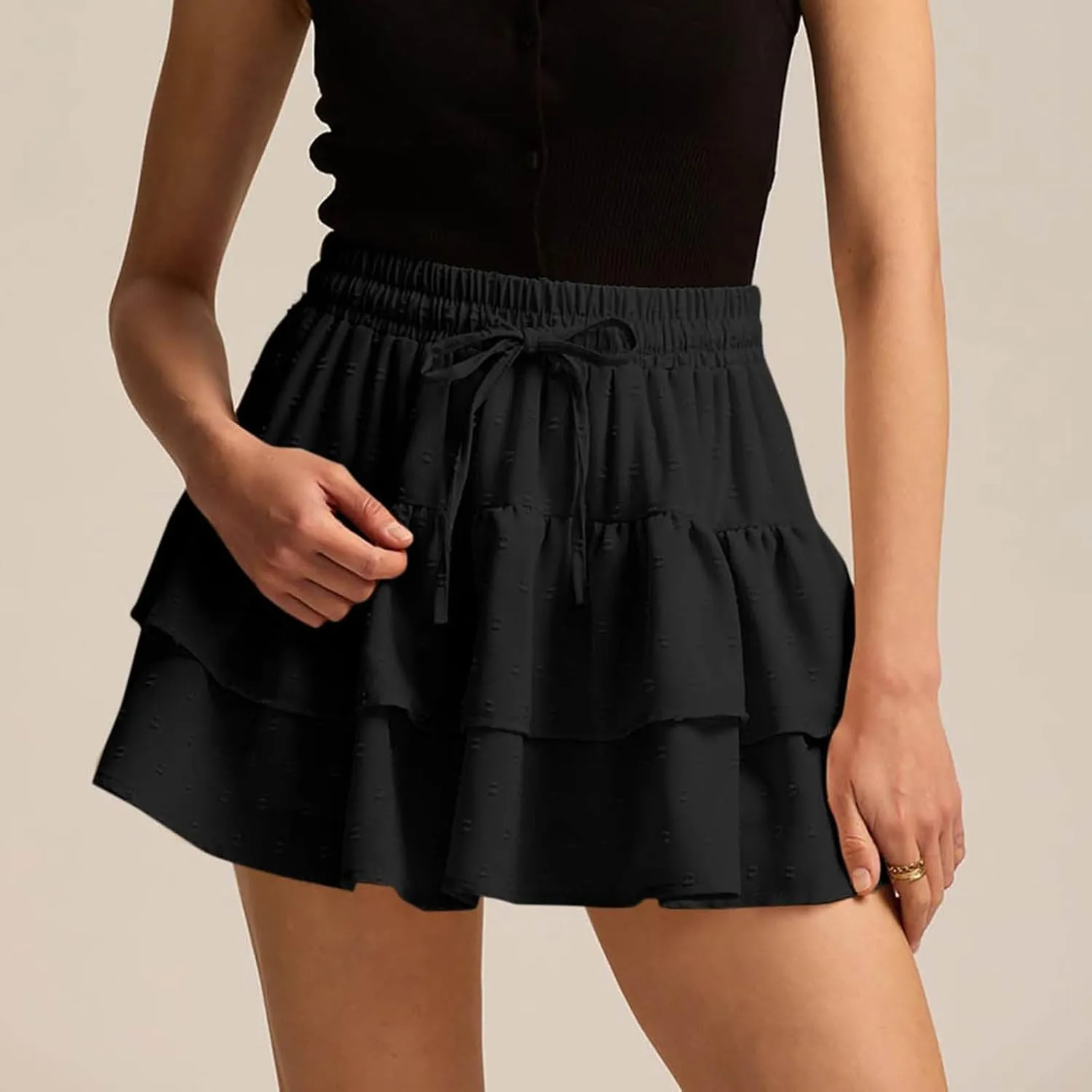 Women's Summer Boho Ruffle Tiered Mini Skirt 2025 Drawstring Elastic Waist Skorts Flowy Casual Skirts with Inner Shorts