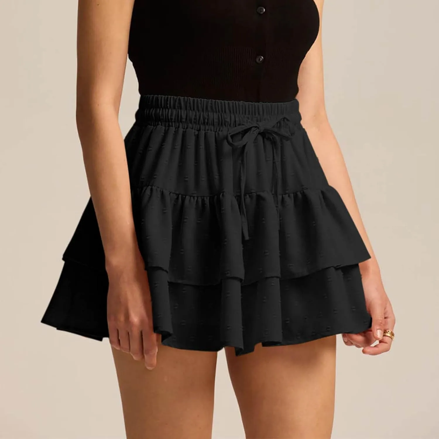 Women's Summer Boho Ruffle Tiered Mini Skirt 2025 Drawstring Elastic Waist Skorts Flowy Casual Skirts with Inner Shorts