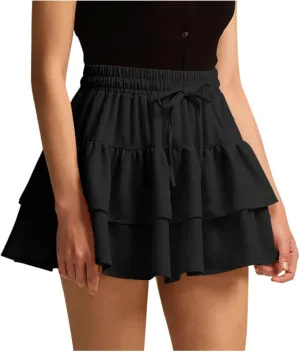 Women's Summer Boho Ruffle Tiered Mini Skirt 2025 Drawstring Elastic Waist Skorts Flowy Casual Skirts with Inner Shorts