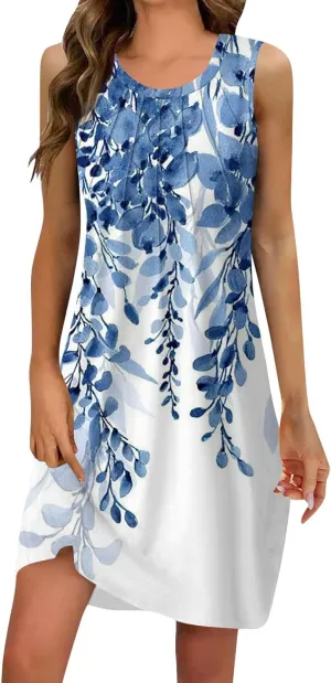 Women's Summer Casual U Neck Printed Sleeveless Dresses Fashion