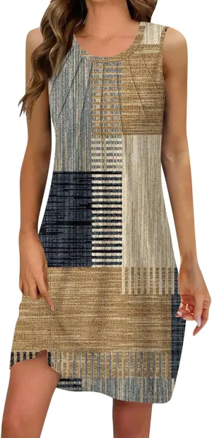 Women's Summer Casual U Neck Printed Sleeveless Dresses Fashion