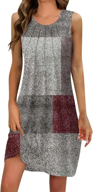 Women's Summer Casual U Neck Printed Sleeveless Dresses Fashion