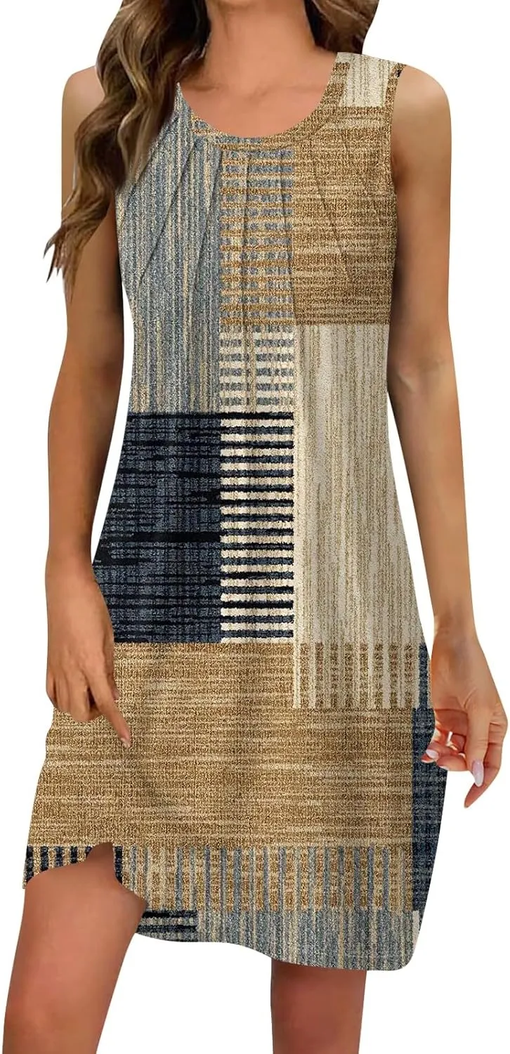 Women's Summer Casual U Neck Printed Sleeveless Dresses Fashion