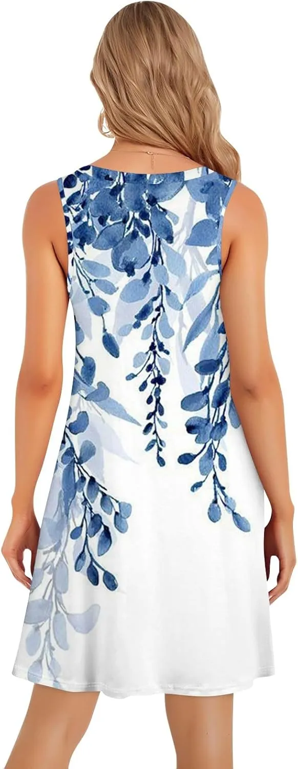 Women's Summer Casual U Neck Printed Sleeveless Dresses Fashion