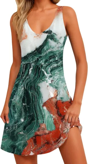Womens Summer Dresses 2025 Loose V Neck Sleeveless Sundresses Beach Printed Swimsuit Coverup with Pockets