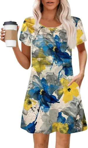 Womens Summer Dresses 2025 Trendy Printed Short Sleeve Spring Mini Dress Crewneck Casual Beach Vacation Dresses