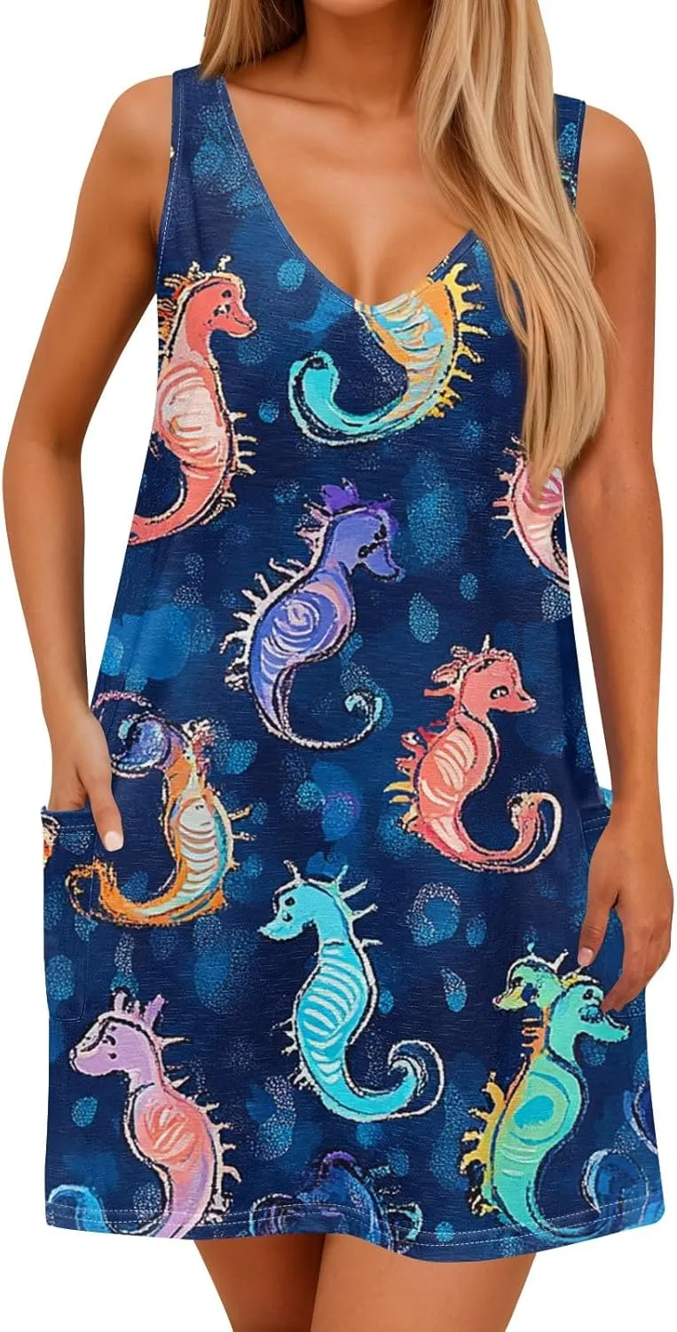 Womens Summer Dresses Beach V Neck Swimsuit Coverup Vacation Casual Dress with Pocket 2025 Printed Sundress
