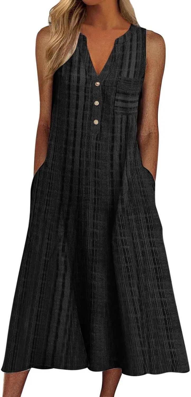 Womens Summer Dresses Beach Vacation Trendy Plaid Sleeveless V Neck Work Dresses with Pockets Elegant Hawaii Outfits