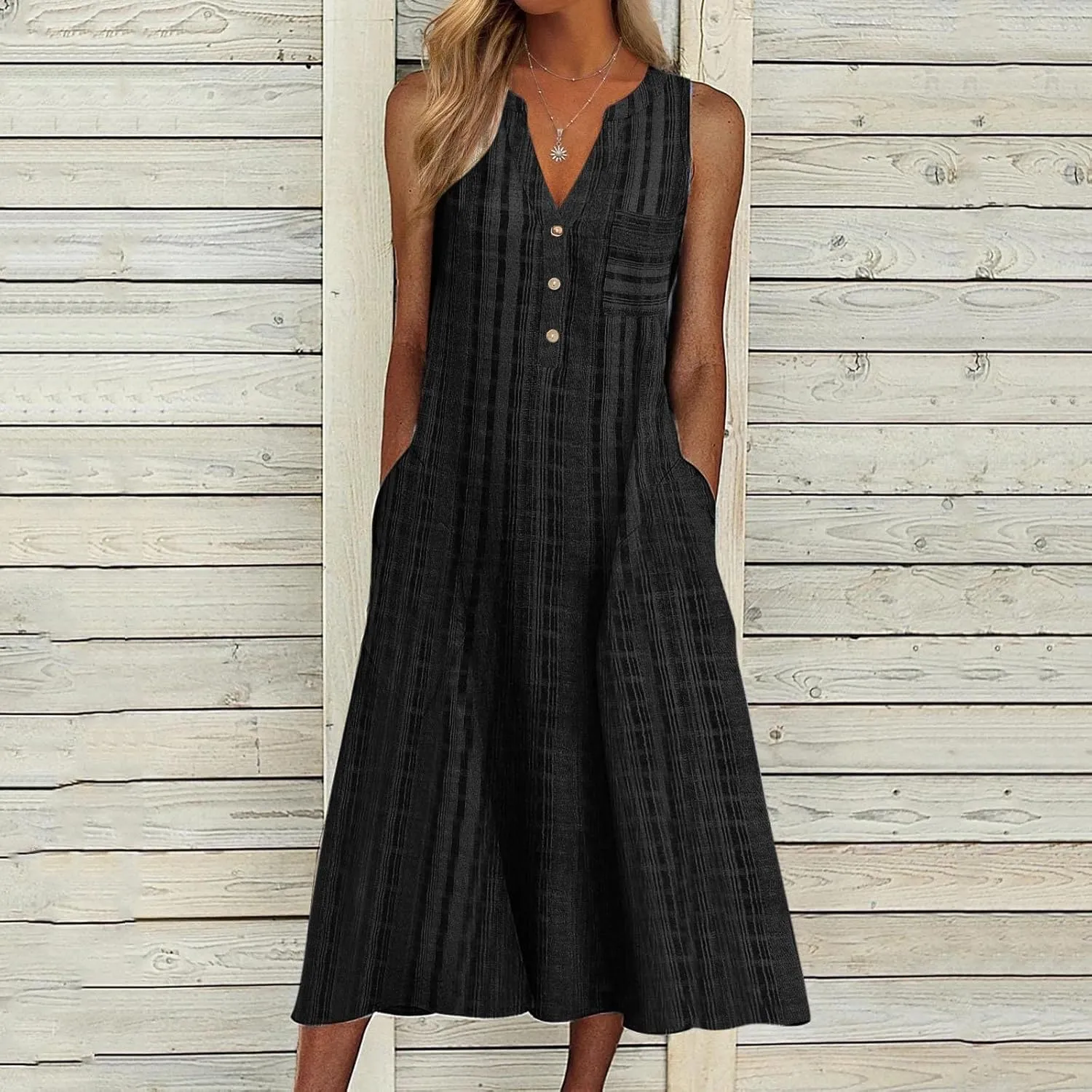 Womens Summer Dresses Beach Vacation Trendy Plaid Sleeveless V Neck Work Dresses with Pockets Elegant Hawaii Outfits