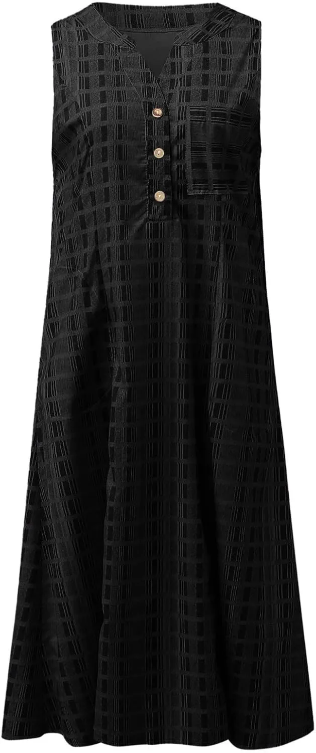 Womens Summer Dresses Beach Vacation Trendy Plaid Sleeveless V Neck Work Dresses with Pockets Elegant Hawaii Outfits