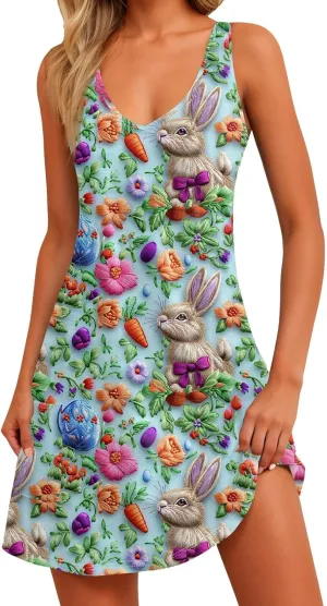 Women's Summer Dresses Casual V Neck Swimsuit Coverup Printed Sleeveless Sundress Beach 2025 Dress with Pocket