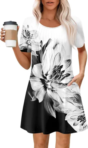 Women's Summer Dresses Loose Beach Vacation Casual Sundress with Pocket Short Sleeve Shirt Dress