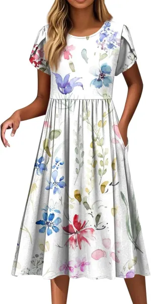 Womens Summer Fashion Dresses Round Neck Flutter Short Sleeve Midi Dress Boho Floral Printed Party Dresses