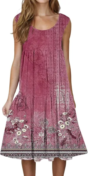 Women's Summer Floral Printed Dress 2025 Crew Neck Sleeveless Lightweight Sundress Casual Loose Flowy Dresses