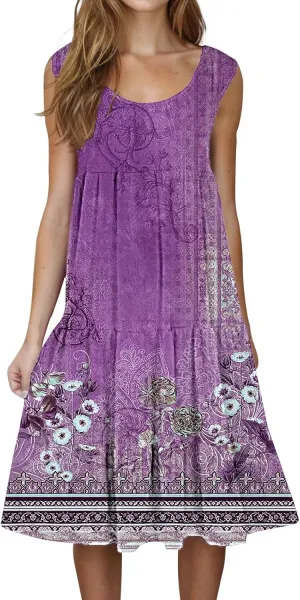 Women's Summer Floral Printed Dress 2025 Crew Neck Sleeveless Lightweight Sundress Casual Loose Flowy Dresses