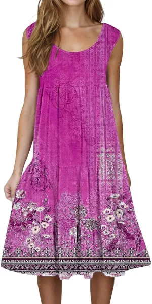 Women's Summer Floral Printed Dress 2025 Crew Neck Sleeveless Lightweight Sundress Casual Loose Flowy Dresses
