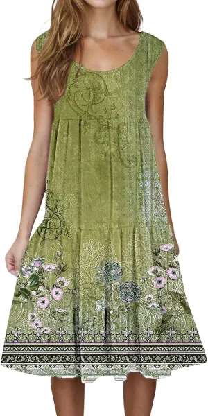 Women's Summer Floral Printed Dress 2025 Crew Neck Sleeveless Lightweight Sundress Casual Loose Flowy Dresses
