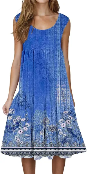 Women's Summer Floral Printed Dress 2025 Crew Neck Sleeveless Lightweight Sundress Casual Loose Flowy Dresses