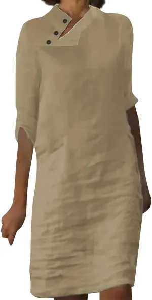 Women's Summer Midi Shirt Dresses Casual Linen Button Down 1/2 Sleeve Dress Solid Color Knee Length Lightweight Dress