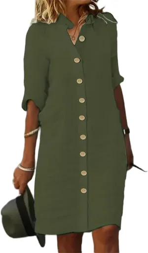 Women's Summer Midi Shirt Dresses Cotton Linen Dress Button Down 1/2 Sleeve Lapel Dresses Casual Beach Vacation Dress