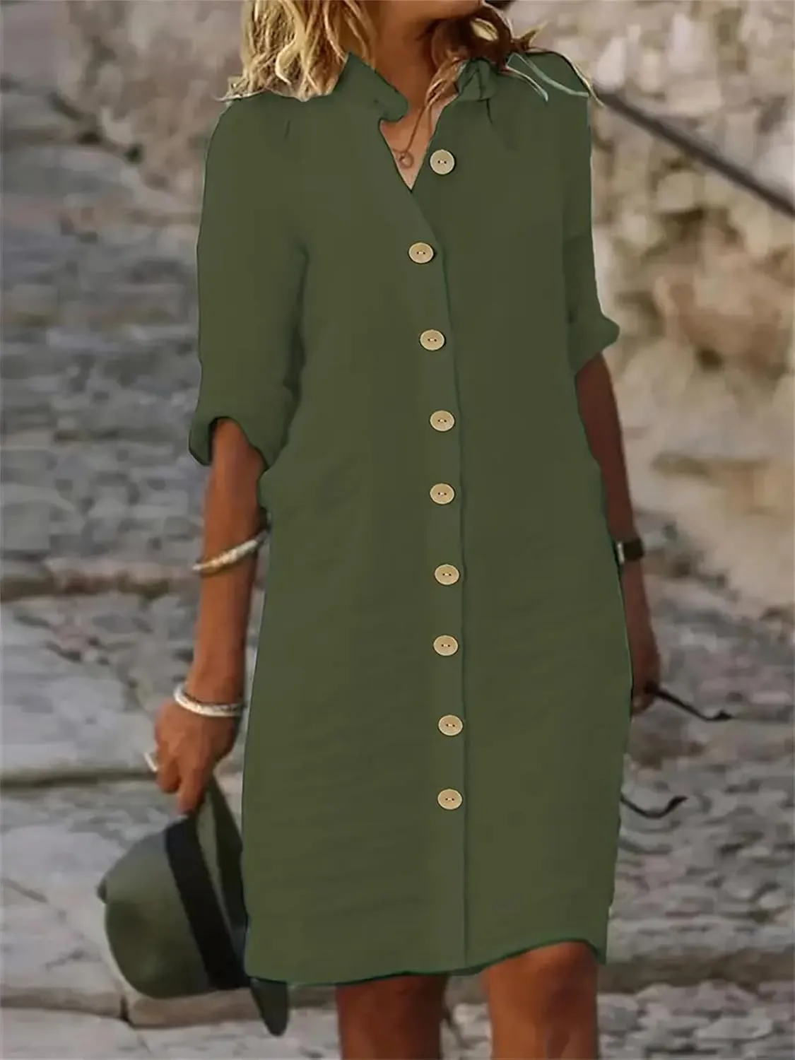 Women's Summer Midi Shirt Dresses Cotton Linen Dress Button Down 1/2 Sleeve Lapel Dresses Casual Beach Vacation Dress