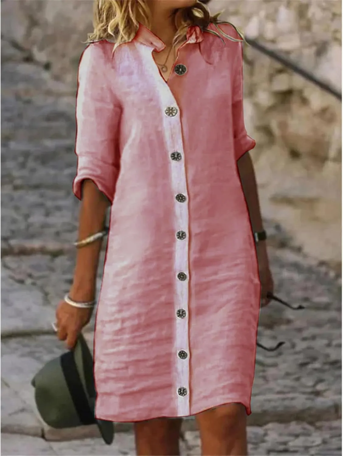 Women's Summer Midi Shirt Dresses Cotton Linen Dress Button Down 1/2 Sleeve Lapel Dresses Casual Beach Vacation Dress