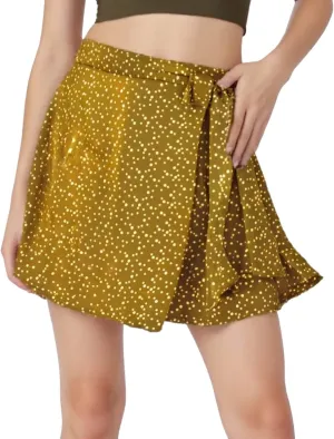 Womens Summer Silky Satin Chiffon Mini Skirt High Waist Adjustable Self Tie Wrap Flowy Ruffle Floral Beach Skirt