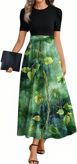 Women's Summer Wrap Maxi Dress Casual Boho Floral Printed Dress Crew Neck Belted Elegant Temperament Dresses
