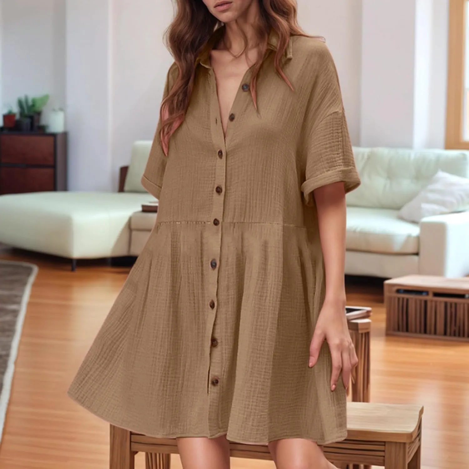 Womens T Shirt Dress Summer Boho Button Up Long Sleeve Vacation Dress with Sleeves Summer Church 80S Outfit for Women