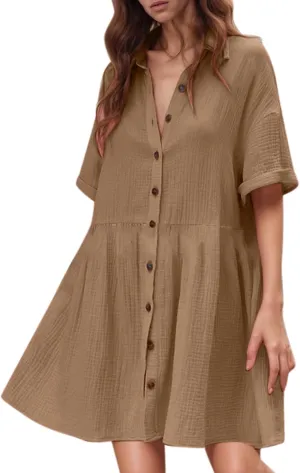 Womens T Shirt Dress Summer Boho Button Up Long Sleeve Vacation Dress with Sleeves Summer Church 80S Outfit for Women