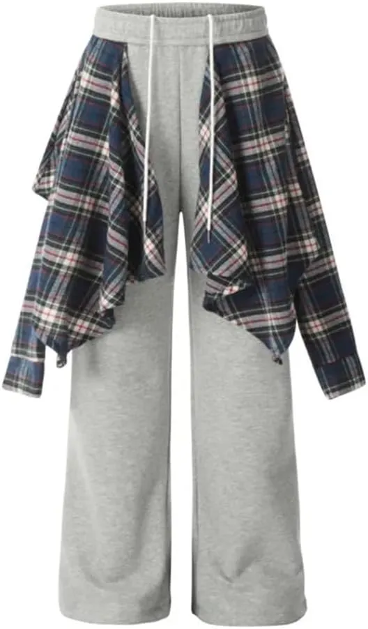 Women's Trousers Elastic High Waist Patchwork Plaid Printed Skirt Fake 2 Pcs Straight Causal Pants