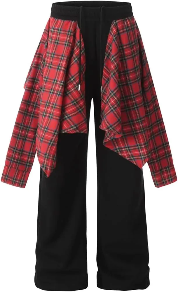 Women's Trousers Elastic High Waist Patchwork Plaid Printed Skirt Fake 2 Pcs Straight Causal Pants