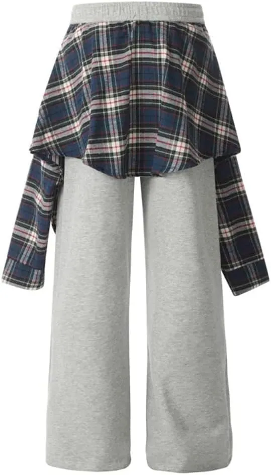 Women's Trousers Elastic High Waist Patchwork Plaid Printed Skirt Fake 2 Pcs Straight Causal Pants