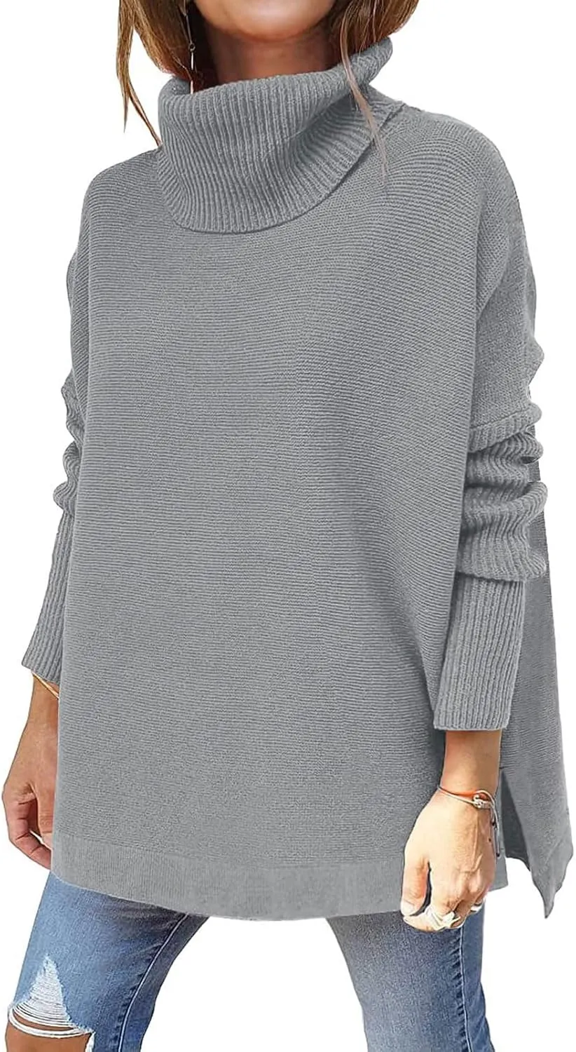 Womens Turtleneck Sweaters Batwing Sleeve Split Pullover Knit Jumper Tops Fall Winter Oversized Tunic Sweater Outfits