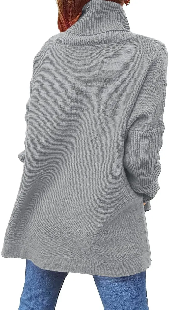 Womens Turtleneck Sweaters Batwing Sleeve Split Pullover Knit Jumper Tops Fall Winter Oversized Tunic Sweater Outfits