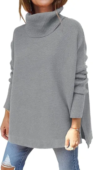 Womens Turtleneck Sweaters Batwing Sleeve Split Pullover Knit Jumper Tops Fall Winter Oversized Tunic Sweater Outfits