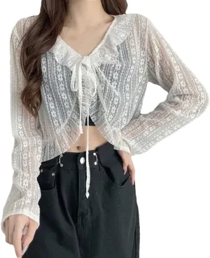 Women's V-Neck Ruffled Lace Patchwork Short Beach Long-Sleeved Top
