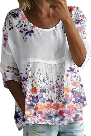 Women's Vintage Floral Print Top Oversized Crew Neck Blouse Breathable 3/4 Sleeve Comfy Work Casual Tees 2025