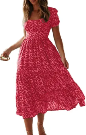 Women's Vintage Printed Dress Square Collar Skirt