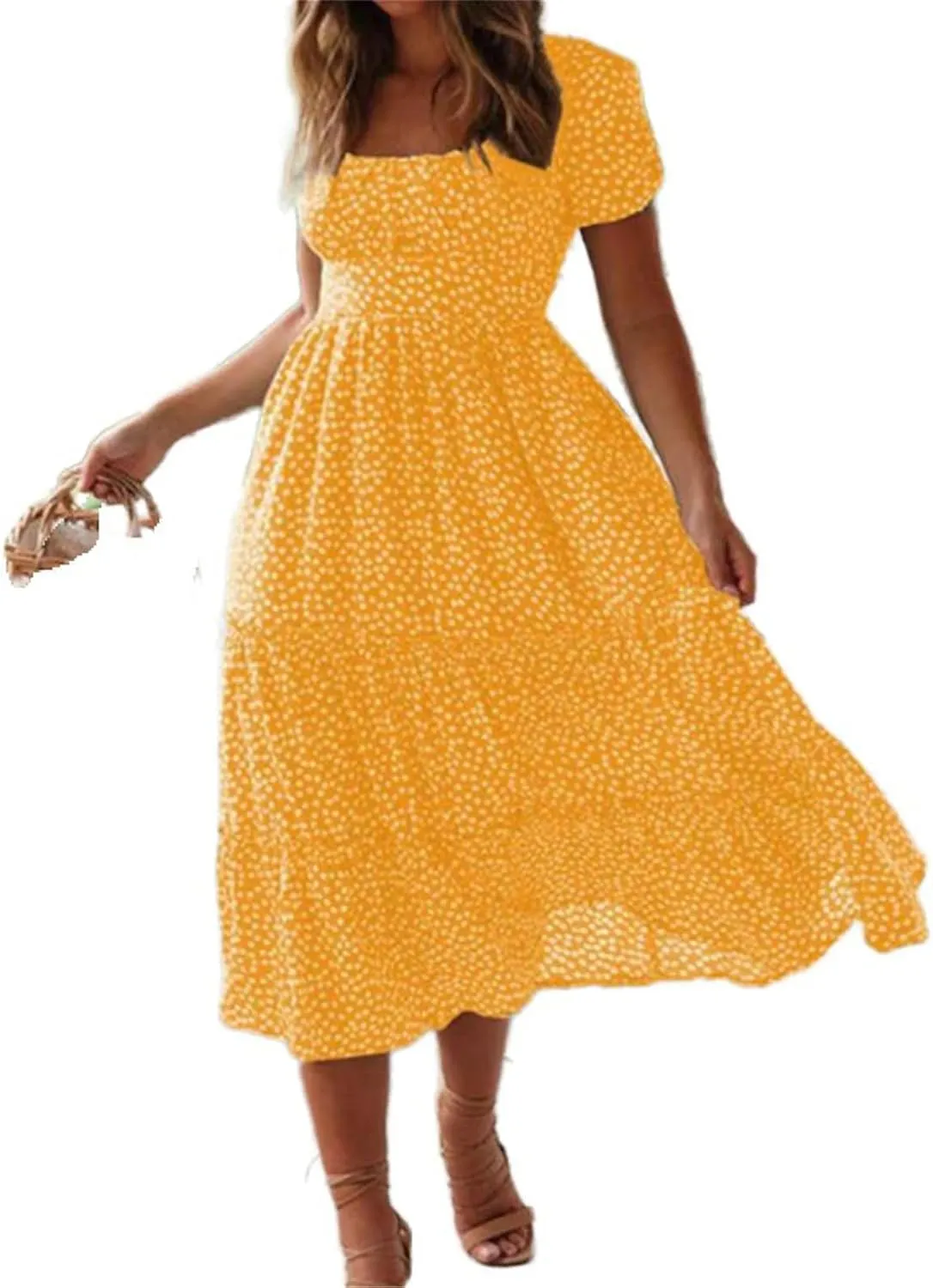 Women's Vintage Printed Dress Square Collar Skirt