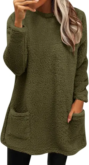 Women's Winter Warm Fleece Lined Sweatshirt, Oversized Fuzzy Outerwear, Long Sleeve Sherpa Tunic Tops with Leggings