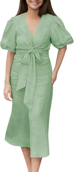Womens Work Dresses for Women 2025 Comfy V Neck Puff Short Sleeve Tie Waist Midi Dress for Church Vacation Summer Outfit