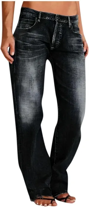 Women's Work Jeans - Trendy Stretchy Retro Wash Old High Waisted Pull On Jeggings Loose Straight Leg Cute Jeans