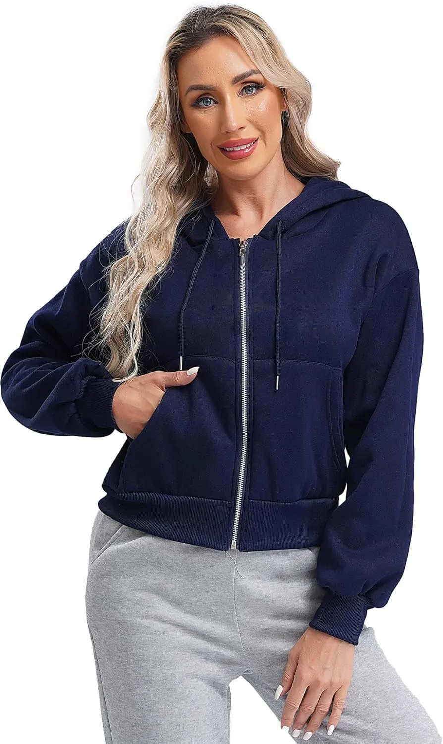 Women's Zip Up Hoodies Fleece-Lined Cropped Long Sleeve Sweatshirts with Pockets Casual Cropped Hoodie
